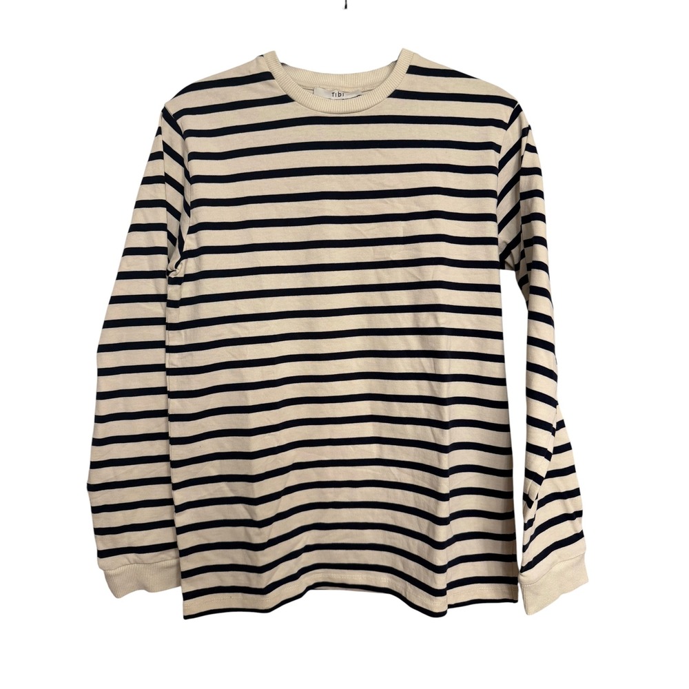 Tibi Womens XS Striped Long Sleeve Crewneck Top Cream Navy Blue Ribbed Cuff